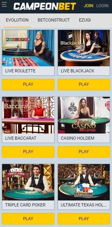 Campeonbet live casino page